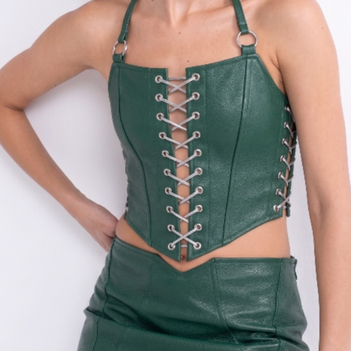 Forest Green Leather Lace-Up Halter Corset